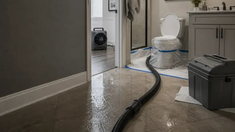 Extraction hose and containment tape in a Lake Elsinore bathroom during sewage cleanup